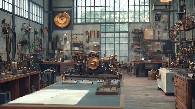 Steampunk Workshop Unveiled: Intricate Machinery, Vintage Tools, and Industrial Ambience