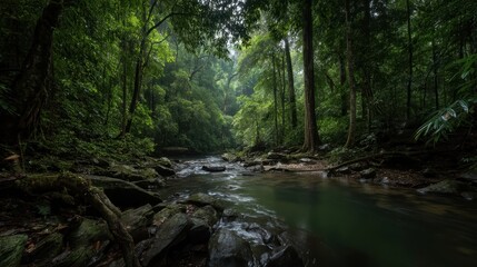 Obraz premium A lush green rainforest surrounds a tranquil river with rocks and dense trees, creating a serene and natural landscape scene