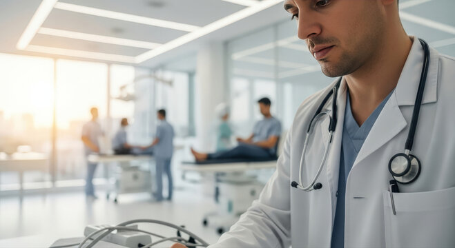 A focused medical doctor in a modern hospital room with his tools and equipments 
