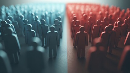 Two groups of stylized human figures, one blue and one red, stand facing each other, symbolizing division, opposition, or comparison