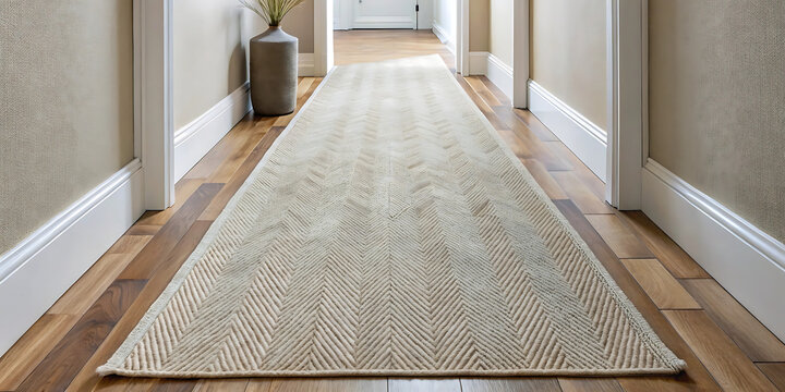 A modern rug runner in a hallway, showcasing interior design and home decor, with a neutral color palette and woven texture, creating a comfortable and stylish space - Powered by Adobe