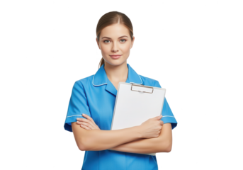 Smiling Nurse in Scrubs Holding Clipboard on White Background
