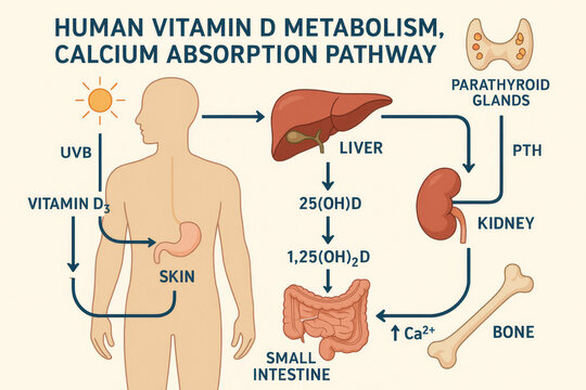 Human Vitamin D Metabolism and Calcium Absorption Pathway - Illustration