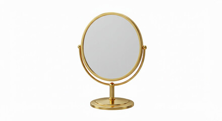 tabletop mirror with golden frame, isolated on white background