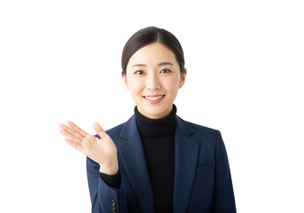 Smiling Asian Businesswoman Presenting on White Background