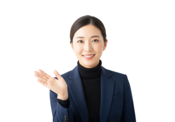 Smiling Asian Businesswoman Presenting on White Background