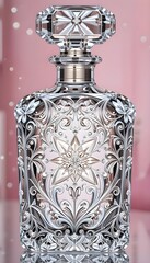 An exquisite glass perfume bottle designed with stunning silver floral engravings. The entire surface of the bottle is wrapped in metallic silver detailing, forming an intricate lacework of flowers an
