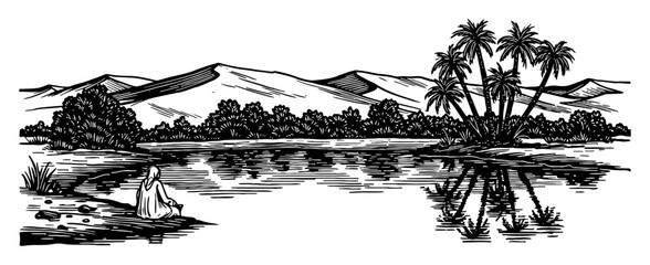 Beautiful Oasis Landscape with Calm Lake and Lush Palm Trees in Arid Desert Black and White Outline Line Art Drawing