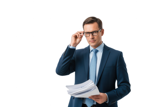 Serious Businessman with Documents and Glasses on White