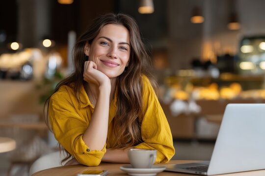 A smiling woman in a yellow shirt sits at a cafe table with a laptop and coffee, appearing relaxed and content