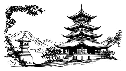 Japanese Temple and Toro Stone Lantern with Mountain Landscape Black and White Outline Line Art Drawing