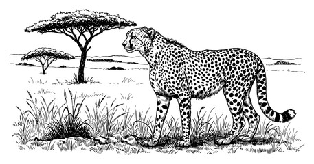 Elegant Cheetah Standing in a Vast Savannah Landscape with Acacia Trees Black and White Outline Line Art Drawing