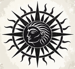 Vintage Sun with a Human Face and Pointed Rays