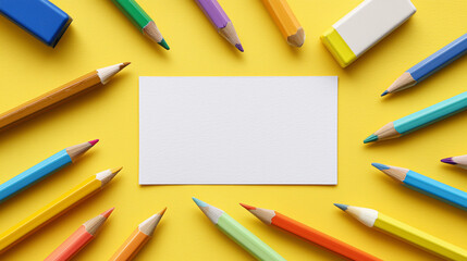 Creative flat lay of colorful pencils, eraser, and blank white sheets on a vibrant yellow background — perfect for school, art, or design concepts.


