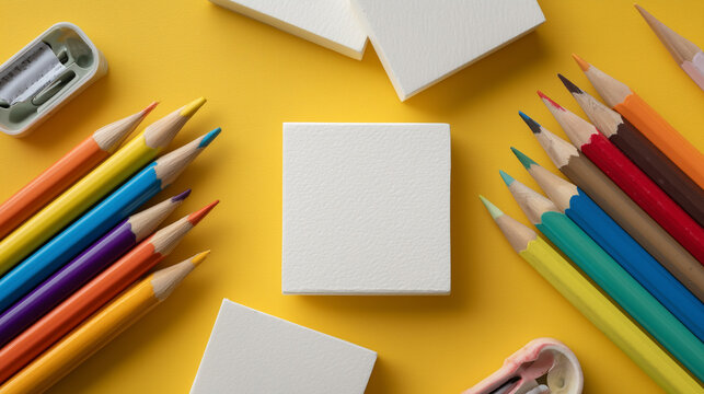Minimalist setup featuring a blank canvas surrounded by colorful supplies, ready for sketches, notes, or imaginative expression.

