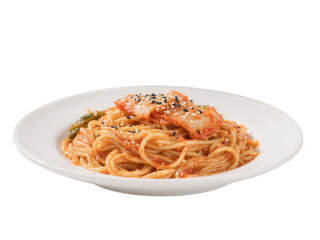 Kimchi Spaghetti Plate on White Background
