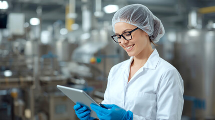 Smiley female worker in sterile clothes using tablet and checking how production line is working. female quality control inspector or a food processing engineer is smiling