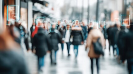 Crowded city street with people walking, some faces framed by digital recognition boxes, symbolizing surveillance and technology in urban environments