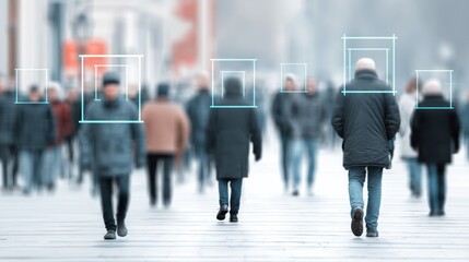 A blurred crowd walks outdoors with digital facial recognition boxes highlighting individuals on a city street