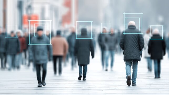 A blurred crowd walks outdoors with digital facial recognition boxes highlighting individuals on a city street