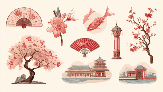 Elegant Japanese cultural elements including cherry blossoms fans pagodas and koi fish creating a serene oriental composition for design projects