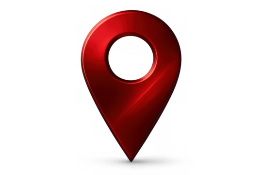 Shiny red metallic map pin indicating location with transparent background, perfect for navigation and positioning concepts