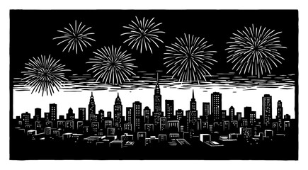 Obraz premium Fireworks Above City Lines Night Sky Display Urban Skyline Celebration Black and White Outline Line Art Drawing