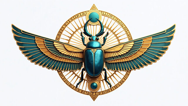 A detailed rendering of an ancient Egyptian scarab beetle with radiant gold wings, turquoise inlays, and a symbolic sun disc.