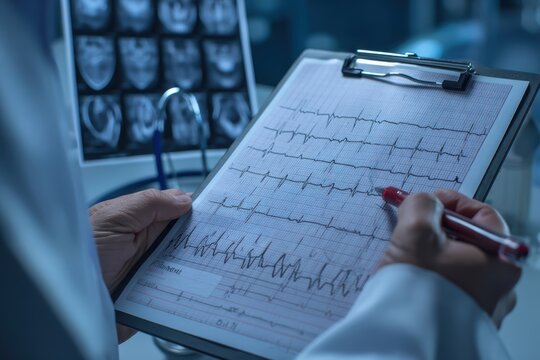 A doctor analyzes an electrocardiogram (ECG) chart on a clipboard in a medical setting, with brain scans visible in the background - Powered by Adobe