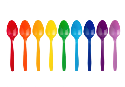 Rainbow Colored Plastic Spoons in a Row on White Background - Powered by Adobe