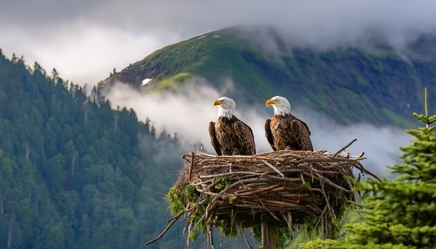 two majestic eagles perched in their sturdy nest symbolizing strength and freedom against a stunning backdrop of misty mountains and lush greenery