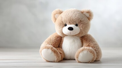 Obraz premium A cute, plush teddy bear sits on a light wooden surface against a soft, neutral background, exuding warmth and comfort