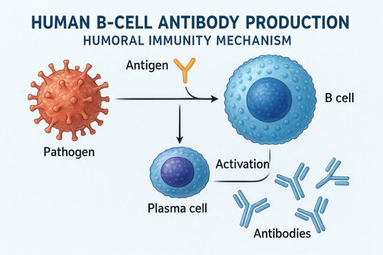Human B-Cell Antibody Production - Humoral Immunity Illustration