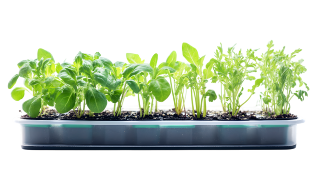 Vibrant green seedlings bursting with life in a modern grow tray, ready for planting and growth isolated on white background 