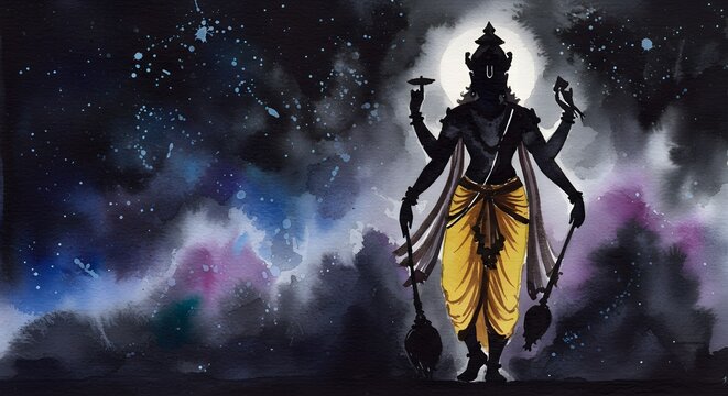 Watercolor painting of a divine four-armed deity standing in the celestial cosmos, illuminated by a bright lunar halo against a dark, starry night sky.