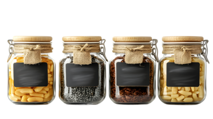 Four glass jars with wooden lids store dry goods like pasta and lentils, featuring chalk labels for easy identification isolated on white background 