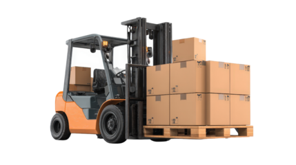Forklift carrying boxes background isolated on a Transparent background, PNG file.