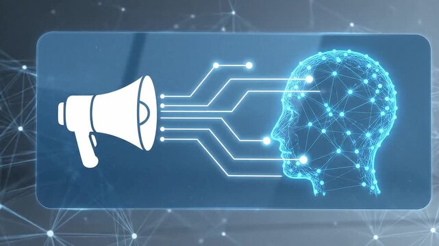 Digital image featuring a megaphone emitting lines towards a wireframe head on a translucent blue box