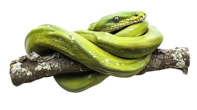 Vibrant green python coiled on textured branch, captivating detail, natural wild beauty isolated on white background 