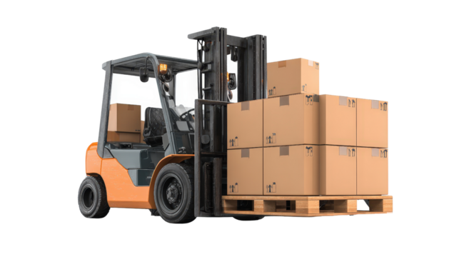 Forklift carrying boxes background isolated on a Transparent background, PNG file.