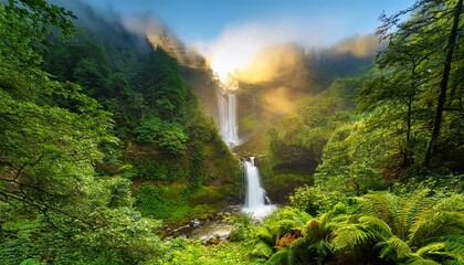 Fototapeta premium majestic forest landscape with cascading waterfalls and lush greenery during misty morning hours