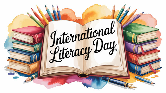 Open book celebrating international literacy day with art supplies