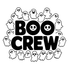 Black and white boo crew text surrounded by cartoon ghosts with various expressions for halloween fun