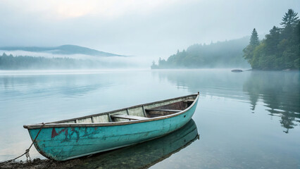 Serene Teal Rowboat Anchored on a Misty Lake Morning