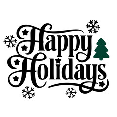Happy holidays text with decorative flourishes stars snowflakes and a green christmas tree graphic element