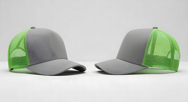 Blank two-tone trucker cap mockup with gray front and neon green mesh. A pair of hats isolated on a white background for brand design placement.
