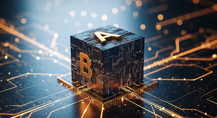 Abstract representation of blockchain technology with complex algorithms and data transfer