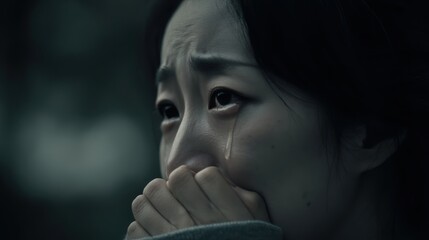 A close-up of a woman crying, with tears streaming down her face and her hand covering her mouth, expressing intense emotion