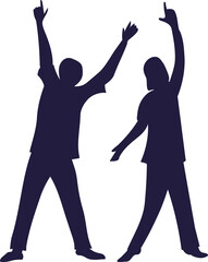 Man and woman silhouettes with raised arms. Celebration and unity concept. Graphic design element for event poster banner.