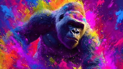 Mesmerizing depiction of an energetic gorilla surrounded by a vibrant spectrum and dynamic digital art style explosion that captivates the viewer with its rich colors and abstract design.